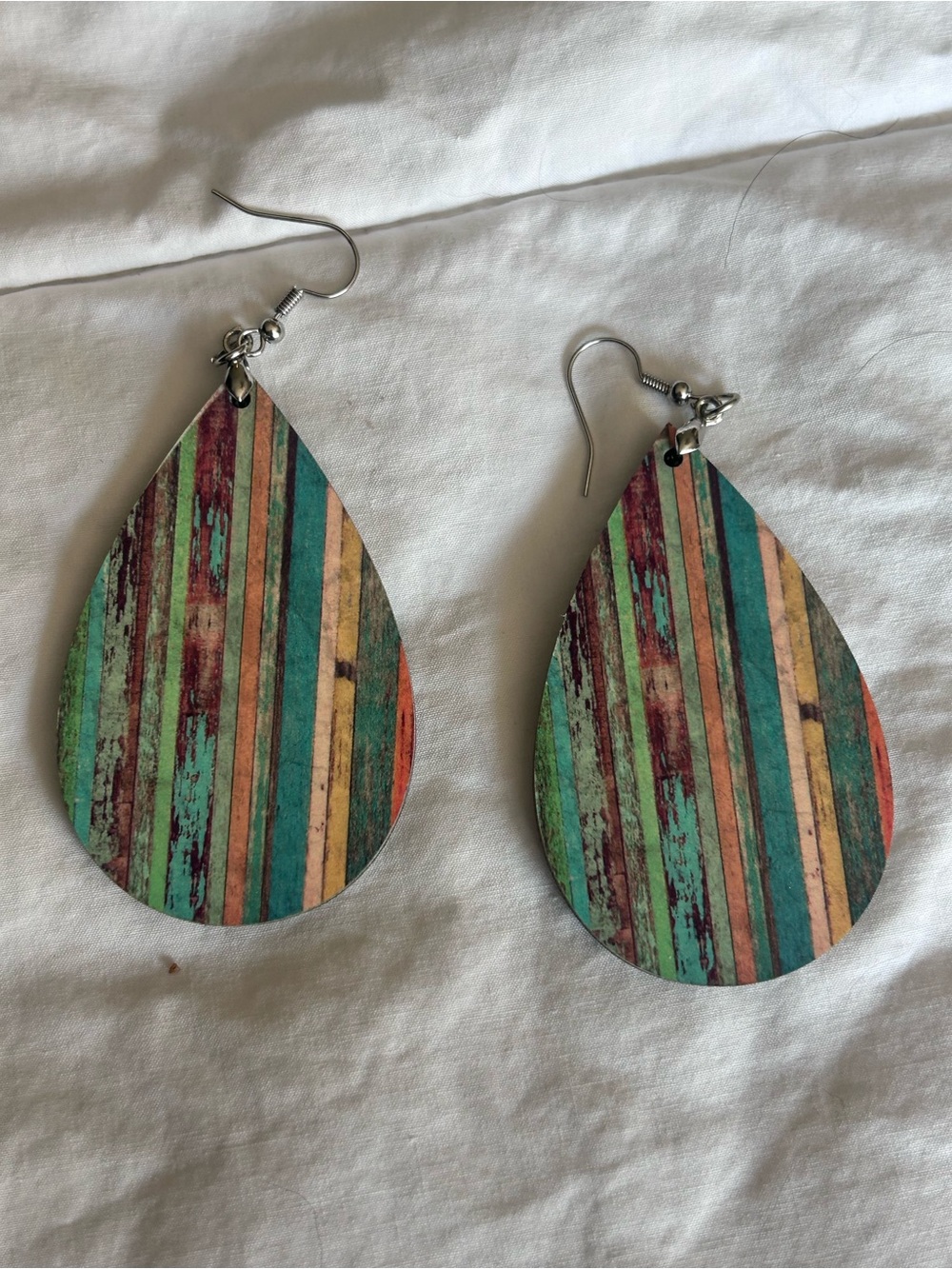 Amazon Teal Multicolor Striped Teardrop Wood Earrings
